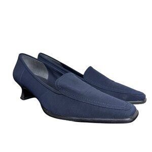 Vintage 90s Stuart Weitzman Navy Blue Square Toe Kitten Heel Loafers, Fabric